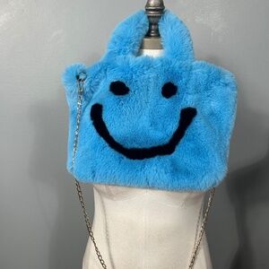 Blue Smiley Face Faux Fur Bag
